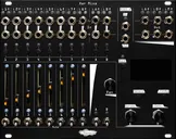 Xer Mixa 32HP mixer in black: 14 stereo pairs of jacks run across the top along with pairs of LEDs.  Below that are momentaries for channel select, sliders for volume, switch mutes, and to the right, encoders and mometaries to control the screen | Noise Engineering