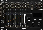 Xer Mixa and Expando Expandi bundle in black: the mixer has 14 stereo pairs of jacks with pairs of LEDs. Below that are momentaries for channel select, sliders for volume, switch mutes, and to the right, encoders and mometaries to control the screen. The mixer dwarfs the 4hp expander which has 8 jacks, a mysterious symbol, and an LED labeled Status. | Noise Engineering