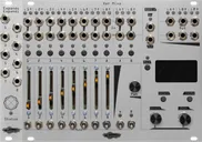 Xer Mixa and Expando Expandi bundle in silver: the mixer has 14 stereo pairs of jacks with pairs of LEDs. Below that are momentaries for channel select, sliders for volume, switch mutes, and to the right, encoders and mometaries to control the screen. The mixer dwarfs the 4hp expander which has 8 jacks, a mysterious symbol, and an LED labeled Status. | Noise Engineering