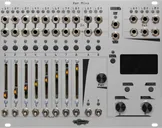 Xer Mixa 32HP mixer in silver: 14 stereo pairs of jacks run across the top along with pairs of LEDs.  Below that are momentaries for channel select, sliders for volume, switch mutes, and to the right, encoders and mometaries to control the screen | Noise Engineering