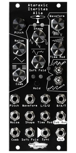 Ataraxic Iteritas Alia module in black with UFO icon. 7 knobs on top, two switches on the right, and jacks on the bottom.  Oscillator platform in 10HP | Noise Engineering