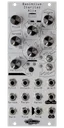 asimilus Iteritas Alia 10HP universal percussion synth in silver. 7 knobs on top with two switches below and jacks on bottom. A drum icon near the top.  | Noise Engineering