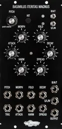 Black 5u oscillator module with minimalist art and large knobs on the top and jacks on the bottom. | Basimilus Iteritas Magnus by Noise Engineering