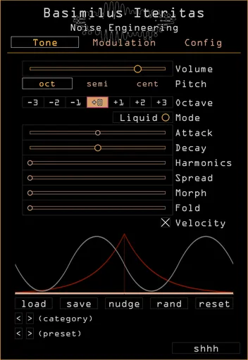 Basimilus Iteritas plugin for VST, AU, and AAX in Orange. On the Tone page are main parameters that set the timbre of the synth. Presets are also controlled here. The Modulation page showing parameters for LFO1. The Configuration page for the Pitch setting is also shown. Here you can load scala files and set the tuning, polyphony, and bend range. | Noise Engineering