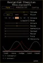 Basimilus Iteritas plugin for VST, AU, and AAX in Orange. On the Tone page are main parameters that set the timbre of the synth. Presets are also controlled here. The Modulation page showing parameters for LFO1. The Configuration page for the Pitch setting is also shown. Here you can load scala files and set the tuning, polyphony, and bend range. | Noise Engineering