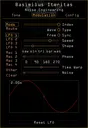 Basimilus Iteritas plugin for VST, AU, and AAX in Orange. On the Tone page are main parameters that set the timbre of the synth. Presets are also controlled here. The Modulation page showing parameters for LFO1. The Configuration page for the Pitch setting is also shown. Here you can load scala files and set the tuning, polyphony, and bend range. | Noise Engineering