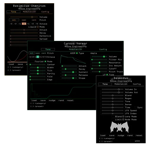 Plugin Bundle 1 for VST, AU, and AAX includes Basimilus Iteritas, Cursus Vereor, and Desmodus. The Tone page is shown for each plugin. | Noise Engineering