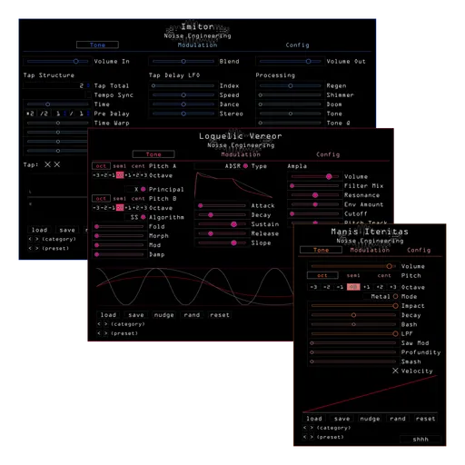 Plugin Bundle 2 for VST, AU, and AAX includes Manis Iteritas, Loquelic Vereor, and Imitor. The Tone page is shown for each plugin. | Noise Engineering