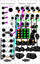 An LFO's output advances a CV sequencer. The CV sequencer's output is patched to the LFO's frequency CV input.