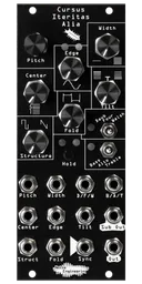 Cursus Iteritas Alia module in black with leaf icon. 7 knobs on top, two switches on the right, and jacks on the bottom.  Oscillator platform in 10HP | Noise Engineering