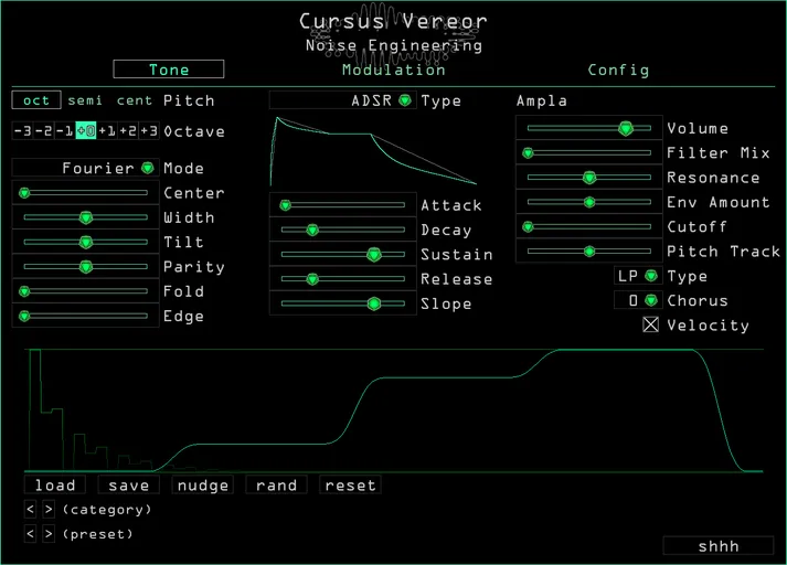 Cursus Vereor plugin for VST, AU, and AAX in Green. The tone page shows the main parameters that set the timbre of the synth. Presets are also controlled here. The Modulation page shows modulation and routing parameters for LFO1. The Configuration page lets you load scala files, set the tuning, polyphony, and bend range, update your graphics preferences (color and fire), and get help and manuals. | Noise Engineering