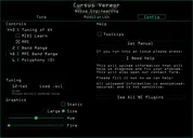 Cursus Vereor plugin for VST, AU, and AAX in Green. The tone page shows the main parameters that set the timbre of the synth. Presets are also controlled here. The Modulation page shows modulation and routing parameters for LFO1. The Configuration page lets you load scala files, set the tuning, polyphony, and bend range, update your graphics preferences (color and fire), and get help and manuals. | Noise Engineering