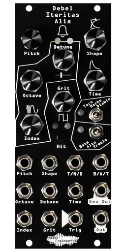 Debel Iteritas Alia 10HP additive phase-modulation voice in black. 7 knobs on top with two switches below and jacks on bottom. A bell icon near the top. | Noise Engineering