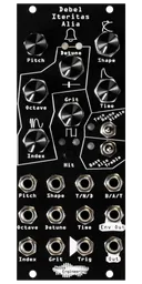 Debel Iteritas Alia 10HP additive phase-modulation voice in black. 7 knobs on top with two switches below and jacks on bottom. A bell icon near the top. | Noise Engineering