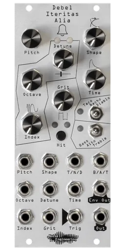 Debel Iteritas Alia 10HP additive phase-modulation voice in silver. 7 knobs on top with two switches below and jacks on bottom. A bell icon near the top. | Noise Engineering