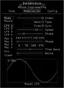 Desmodus plugin for VST, AU, and AAX in white. On the Tone page are main parameters that set the sound of the reverb. Presets are also controlled here. An upright large bat at the bottom signifies that sync mode is off. The Modulation page shows modulation and routing parameters for LFO1. On the Configuration page set the size and update your graphics preferences (color and fire) here or click the help tab to get help and manuals. | Noise Engineering