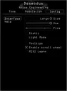 Desmodus plugin for VST, AU, and AAX in white. On the Tone page are main parameters that set the sound of the reverb. Presets are also controlled here. An upright large bat at the bottom signifies that sync mode is off. The Modulation page shows modulation and routing parameters for LFO1. On the Configuration page set the size and update your graphics preferences (color and fire) here or click the help tab to get help and manuals. | Noise Engineering