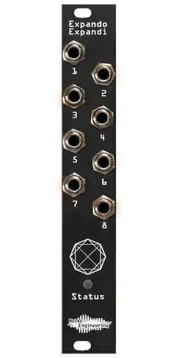 Expando Expandi expander in 4HP, black edition: 8 jacks loom over a strange shape which in turn looms over an LED labeled status. | Noise Engineering