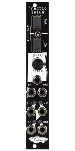 Polyrhythmic voltage-controlled clock divider and multiplier for Eurorack in black. Module has two 7-seg screens, a switch, encoder, and six jacks. | Fractio Solum by Noise Engineering