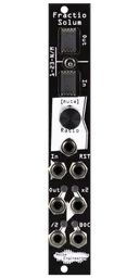 Polyrhythmic voltage-controlled clock divider and multiplier for Eurorack in black. Module has two 7-seg screens, a switch, encoder, and six jacks. | Fractio Solum by Noise Engineering