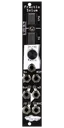 Polyrhythmic voltage-controlled clock divider and multiplier for Eurorack in black. Module has two 7-seg screens, a switch, encoder, and six jacks. | Fractio Solum by Noise Engineering