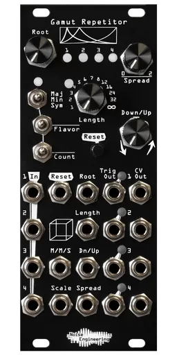 Gamut Repetitor in black. LEDs, 4 pots, 3 switches, and a momentary are at the top.  19 jacks are on the bottom with a cube graphic and LEDs for trig outs. | Noise Engineering