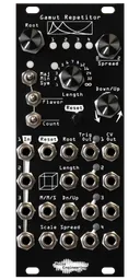 Gamut Repetitor in black. LEDs, 4 pots, 3 switches, and a momentary are at the top.  19 jacks are on the bottom with a cube graphic and LEDs for trig outs. | Noise Engineering