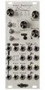 Gamut Repetitor in silver. LEDs, 4 pots, 3 switches, and a momentary are at the top.  19 jacks are on the bottom with a cube graphic and LEDs for trig outs. | Noise Engineering