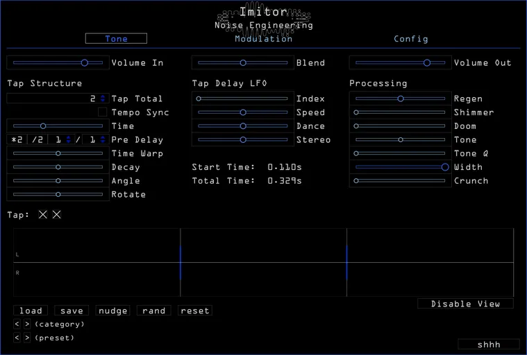 Imitor plugin for VST, AU, and AAX in blue. On the Tone page are main parameters that set the sound of the delay. Presets are also controlled here. The Modulation page shows modulation and routing parameters for LFO1. On the Configuration page set the size and update your graphics preferences (color and fire) here or click the help tab to get help and manuals. | Noise Engineering