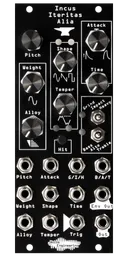 Incus Iteritas Alia module in black with anvil icon. 7 knobs on top, two switches on the right, and jacks on the bottom.  Oscillator platform in 10HP | Noise Engineering