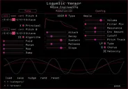 Loquelic Vereor in Pink. The tone page shows the main parameters that set the timbre of the synth. Presets are also controlled here. | Noise Engineering