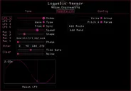 Loquelic Vereor in Pink. The tone page shows the main parameters that set the timbre of the synth. Presets are also controlled here. The Modulation page shows modulation and routing parameters for LFO1. The Configuration page lets you load scala files, set the tuning, polyphony, and bend range, update your graphics preferences (color and fire), and get help and manuals. | Noise Engineering