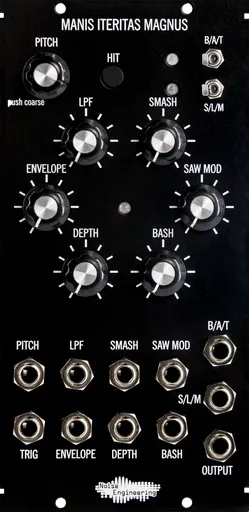 Black 5u oscillator module with minimalist art and large knobs on the top and jacks on the bottom. | Manis Iteritas Magnus by Noise Engineering