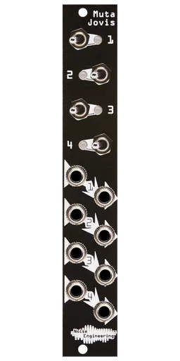 Muta Jovis quad mute black Eurorack module with stylized industrial art connecting four switches and LEDs at top and jacks at the bottom. | Noise Engineering