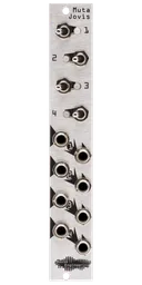 Muta Jovis quad mute silver Eurorack module with stylized industrial art connecting four switches and LEDs at top and jacks at the bottom. | Noise Engineering