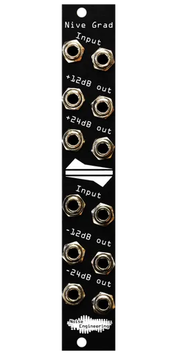 Nive Grad level shifter in black. The top half has two input jacks with two +12 and two +24 dB outputs. The bottom has two input jacks and two -12 and two -24 dB outputs. | Noise Engineering