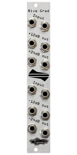 Nive Grad level shifter in silver. The top half has two input jacks with two +12 and two +24 dB outputs. The bottom has two input jacks and two -12 and two -24 dB outputs. | Noise Engineering