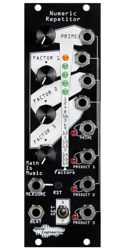 Numeric Repetitor black Eurorack module with stylized industrial art connecting four knobs and a LEDs at top with buttons, a switch, and jacks at the bottom and right side. | Noise Engineering