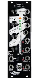 Numeric Repetitor black Eurorack module with stylized industrial art connecting four knobs and a LEDs at top with buttons, a switch, and jacks at the bottom and right side. | Noise Engineering