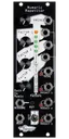 Numeric Repetitor black Eurorack module with stylized industrial art connecting four knobs and a LEDs at top with buttons, a switch, and jacks at the bottom and right side. | Noise Engineering