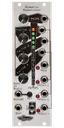 Numeric Repetitor silver Eurorack module with stylized industrial art connecting four knobs and a LEDs at top with buttons, a switch, and jacks at the bottom and right side. | Noise Engineering