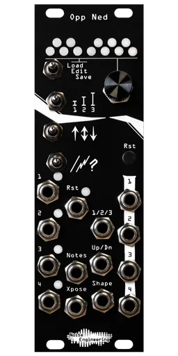 Opp Ned arpeggiator in 8HP with black panel. 12 LEDs arranged like a piano at top. Below that, 4 switches in one column, and an encoder and button in another.  14 jacks and 5 LEDs at bottom. | Noise Engineering 