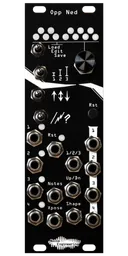 Opp Ned arpeggiator in 8HP with black panel. 12 LEDs arranged like a piano at top. Below that, 4 switches in one column, and an encoder and button in another.  14 jacks and 5 LEDs at bottom. | Noise Engineering 