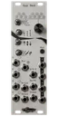 Opp Ned arpeggiator in 8HP with silver panel. 12 LEDs arranged like a piano at top. Below that, 4 switches in one column, and an encoder and button in another. 14 jacks and 5 LEDs at bottom. | Noise Engineering