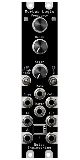 Morbus Legio black overlay on a silver module. Morbus is a noise generator firmware for the Legio platform | Noise Engineering