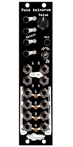 Pons Asinorum Eurorack module in black with buttons and knob at top and jacks at bottom | Noise Engineering