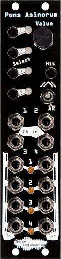 Pons Asinorum Eurorack module in black with buttons and knob at top and jacks at bottom | Noise Engineering