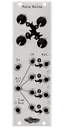 Pura Ruina silver distortion and rectification Eurorack module with industrial art connecting four knobs at top with jacks and LEDs at bottom. | Noise Engineering