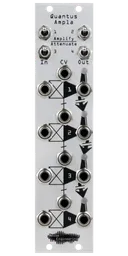 Quantus Ampla silver VCA Eurorack module with amplify/attenuate switches at top and jacks on bottom | Noise Engineering