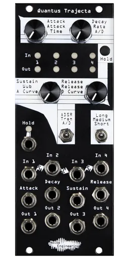 Quantus Trajecta Polyphonic envelopes made simple in 10HP black Eurorack module with knobs and LEDs on top and jacks on bottom plus two switches and a hold button | Noise Engineering